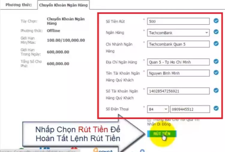 Rút tiền tài khoản ngân hàng w88