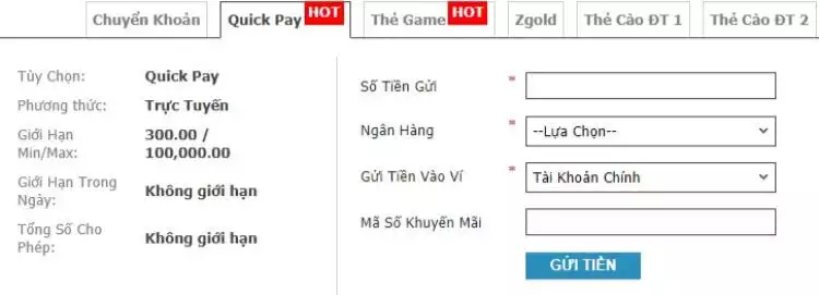 Nạp tiền qua Quickpay