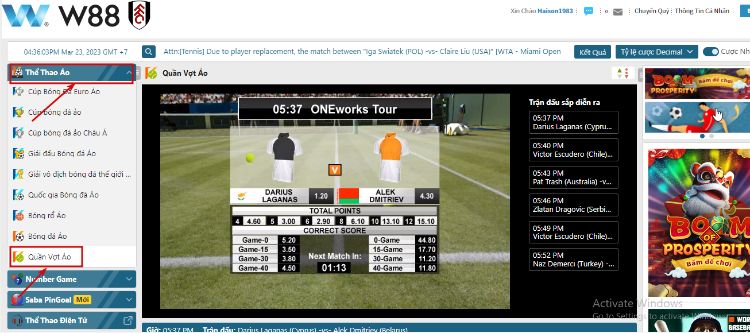 Cách cá cược Quần vợt ảo tại W88